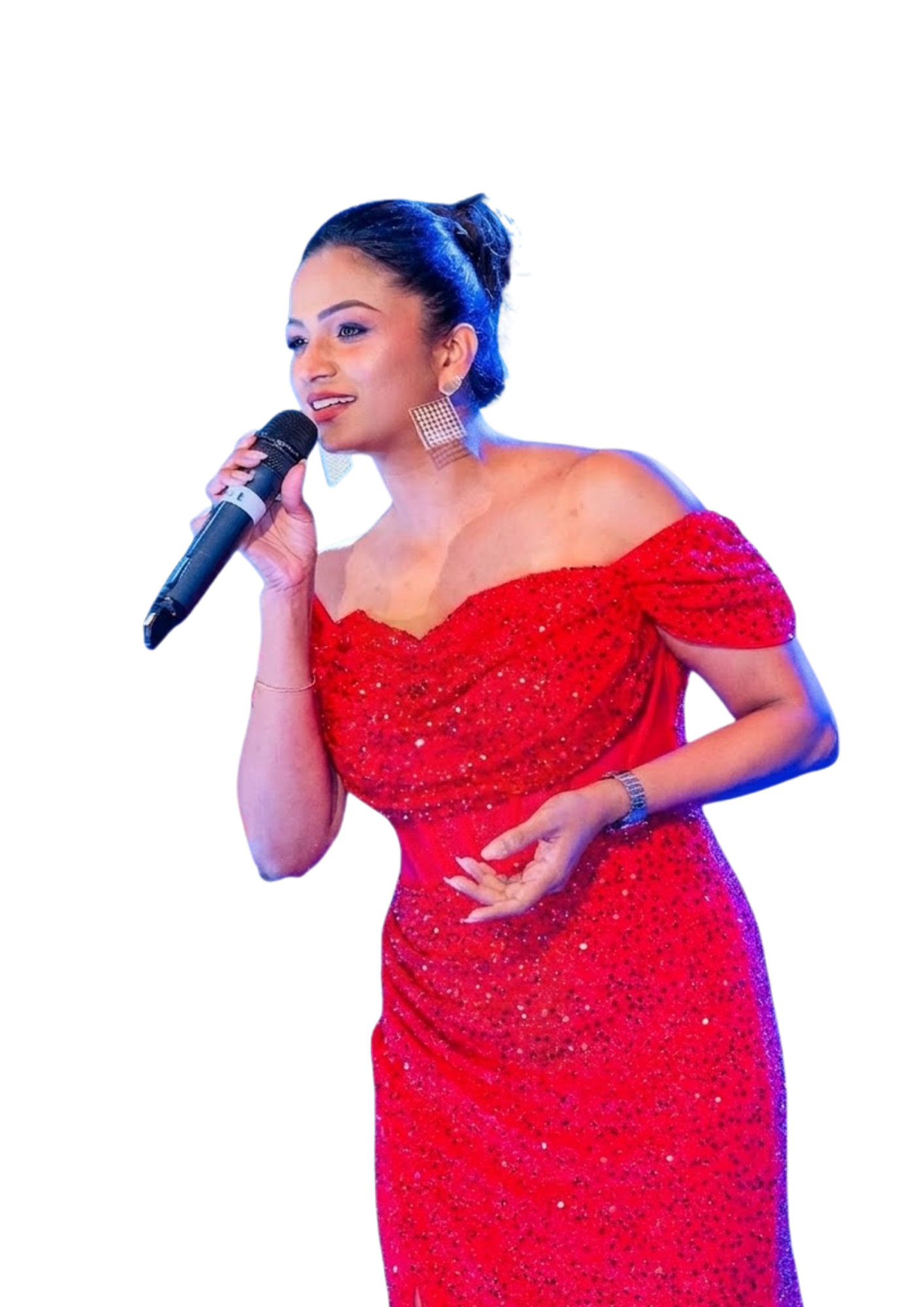 Ishani Sandanayake holding a microphone in a red dress